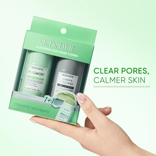 SKINTIFIC Mugwort & Volcano Clay Stick Twin Combo - Glycolic Acid & Salicylic Acid Exfoliating Duo - Gentle Non-Drying Clay Mask Sticks