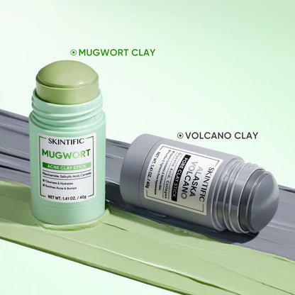 SKINTIFIC Mugwort & Volcano Clay Stick Twin Combo - Glycolic Acid & Salicylic Acid Exfoliating Duo - Gentle Non-Drying Clay Mask Sticks