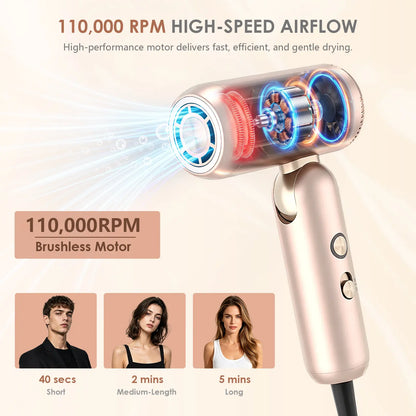 Stylevibe Foldable High Speed Hair Dryer, 110,000 RPM Travel Blow Dryer with Diffuser, Dual Voltage 100–240V, 3 Heat & 2 Speed Settings, Negative Ions for against Heat Damage, Compact Hair Dryer with Storage Bag