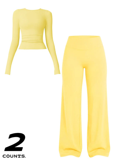 Women'S Two-Piece Set Long Sleeve Top + High Waist Wide Leg Pants, Breathable Sports, Yoga Gym Running, Spring Summer Fitness Wear