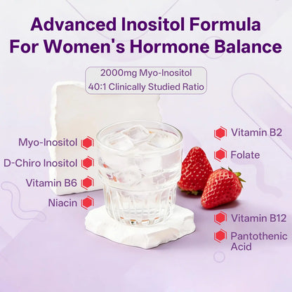 Lifefriend Women'S Hormone Balance Dietary Supplement Drink Mix - Strawberry Flavor Inositol Powder, 2000Mg Myo-Inositol + D-Chiro (40:1 Ratio), Vitamin D, Folate, 30 Sticks for Adults' Cycle Support, Energy & Mood, Contains D-Chiro