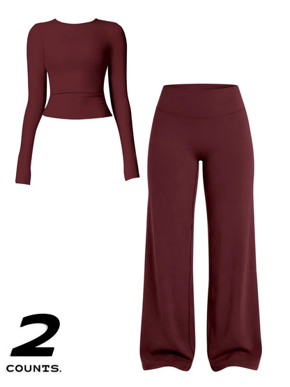 Women'S Two-Piece Set Long Sleeve Top + High Waist Wide Leg Pants, Breathable Sports, Yoga Gym Running, Spring Summer Fitness Wear
