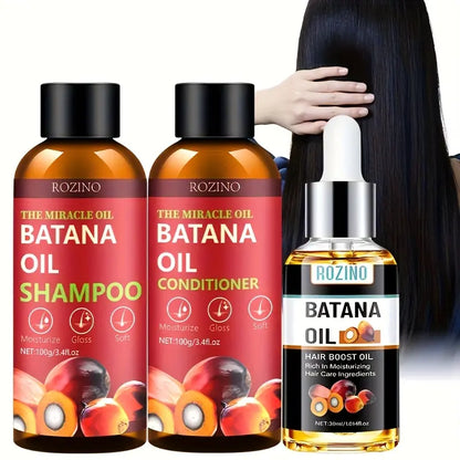 ROZINO Batana Hair Care Trio with Wild Honduran Batana Oil for Dry Damaged Hair Shampoo Conditioner & Hair Boost Oil 100G/3.4Fl.Oz
