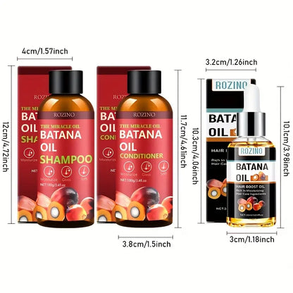 ROZINO Batana Hair Care Trio with Wild Honduran Batana Oil for Dry Damaged Hair Shampoo Conditioner & Hair Boost Oil 100G/3.4Fl.Oz