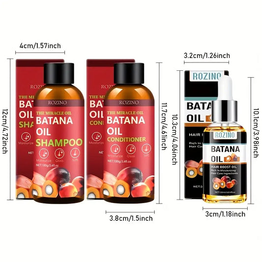 ROZINO Batana Hair Care Trio with Wild Honduran Batana Oil for Dry Damaged Hair Shampoo Conditioner & Hair Boost Oil 100G/3.4Fl.Oz