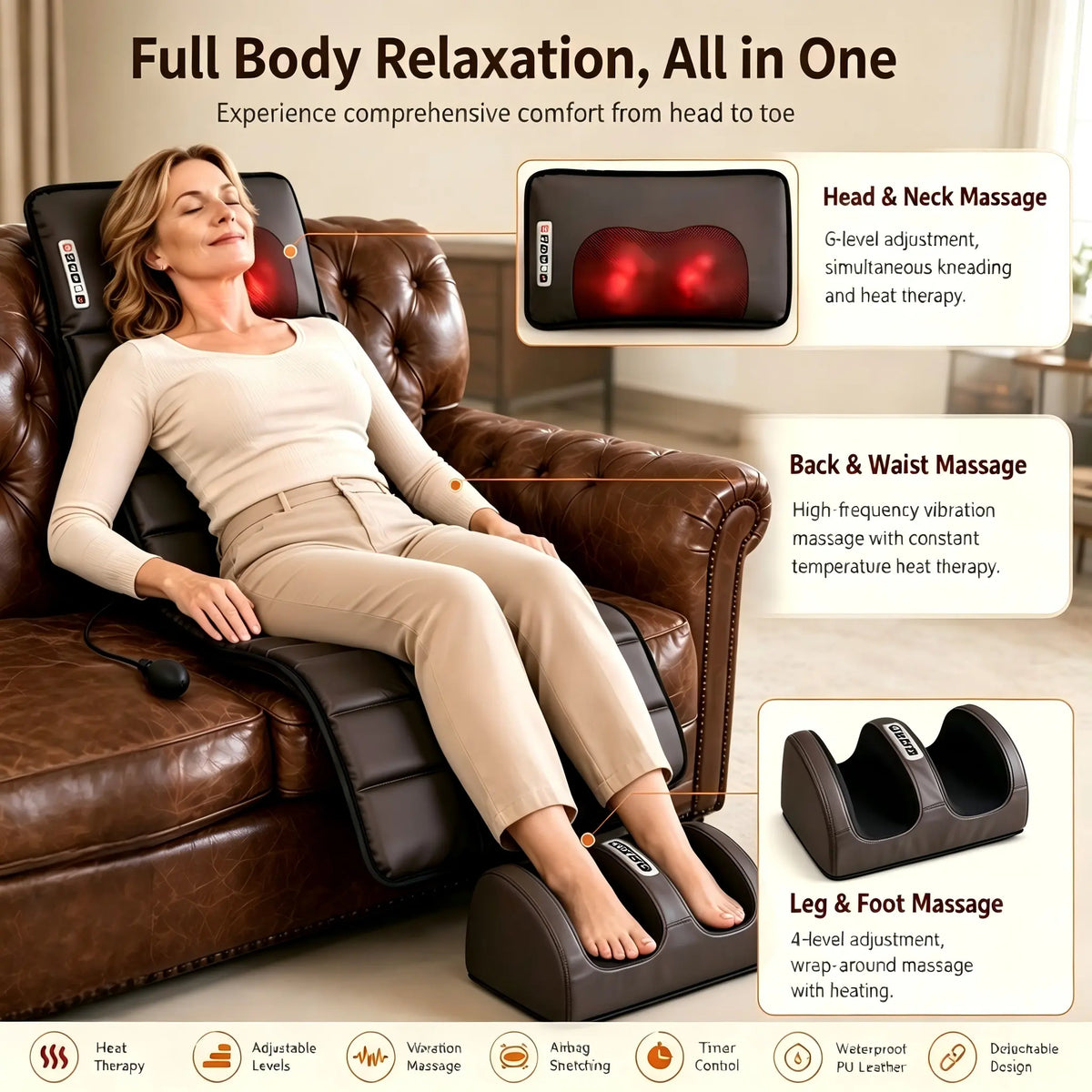 Full Body Heating Massage Pad, Neck & Foot Kneading Massager with Vibration Back Massage, Perfect Birthday Gift for Parents, Suitable for Home and Office