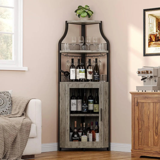 Corner Wine Cabinet with Detachable Wine Rack, 5-Tier Industrial Corner Wine Cabinet with Barn Door, Glass Holder, Farmhouse Buffet Storage Cabinet, Space-Saving Home Bar Furniture for Living Room, Dining Room and Indoor Corners