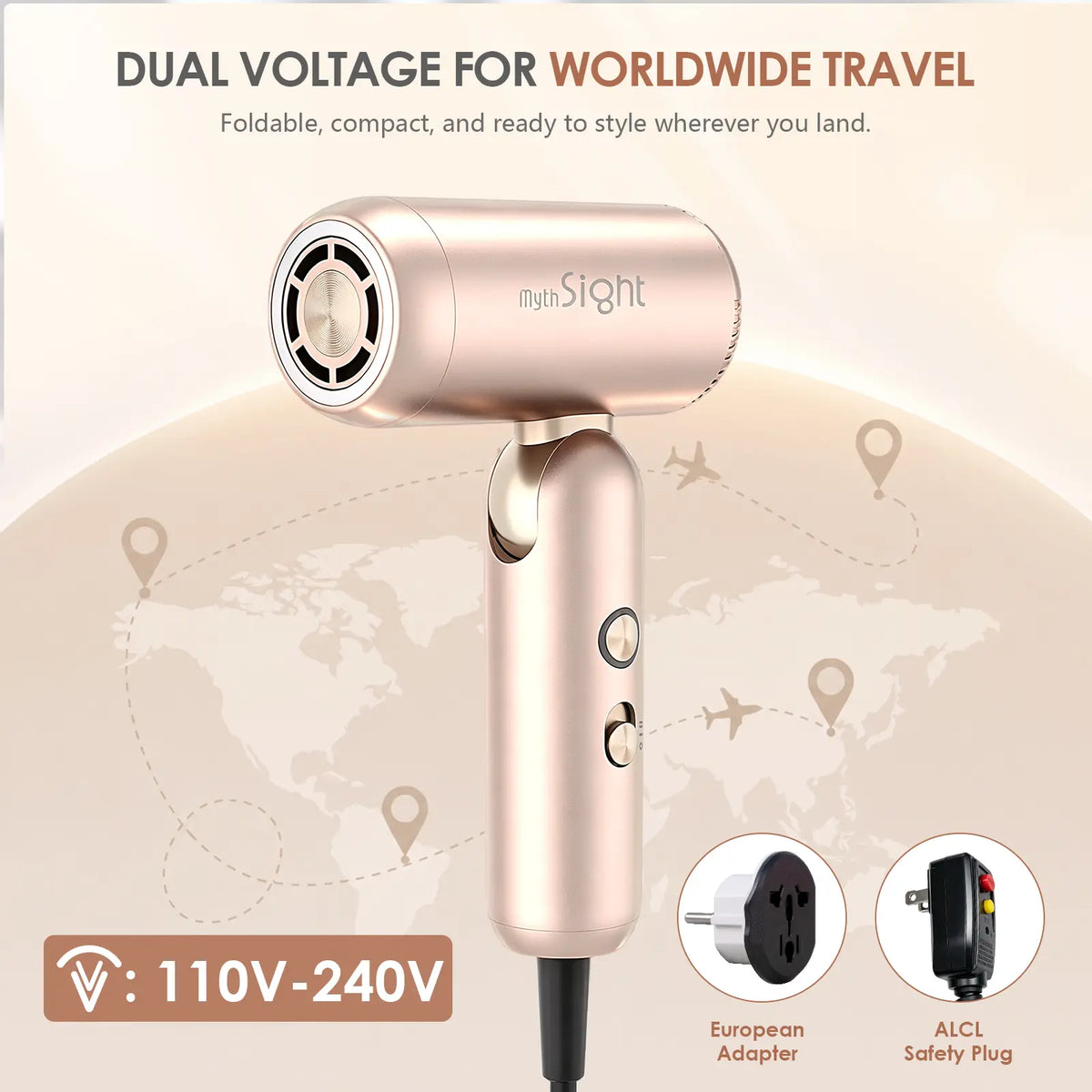 Stylevibe Foldable High Speed Hair Dryer, 110,000 RPM Travel Blow Dryer with Diffuser, Dual Voltage 100–240V, 3 Heat & 2 Speed Settings, Negative Ions for against Heat Damage, Compact Hair Dryer with Storage Bag