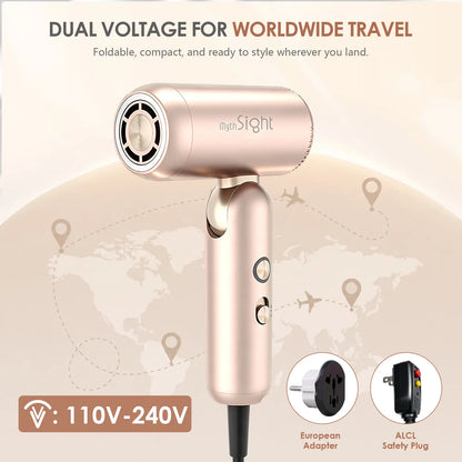 Stylevibe Foldable High Speed Hair Dryer, 110,000 RPM Travel Blow Dryer with Diffuser, Dual Voltage 100–240V, 3 Heat & 2 Speed Settings, Negative Ions for against Heat Damage, Compact Hair Dryer with Storage Bag