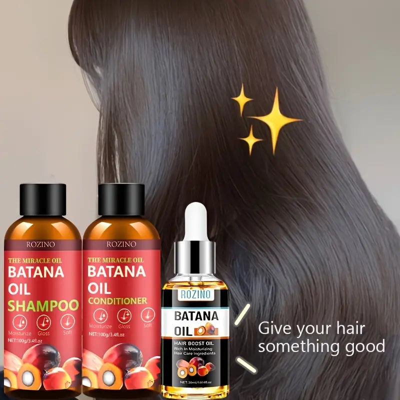 ROZINO Batana Hair Care Trio with Wild Honduran Batana Oil for Dry Damaged Hair Shampoo Conditioner & Hair Boost Oil 100G/3.4Fl.Oz