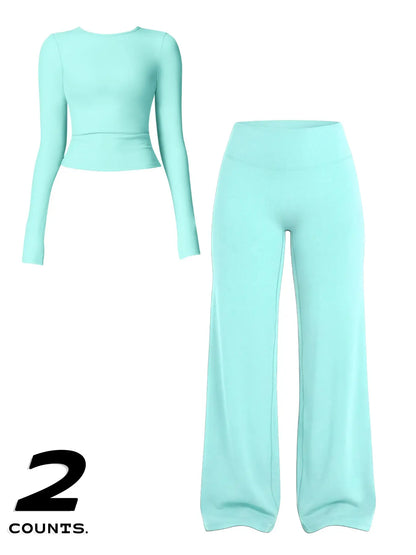 Women'S Two-Piece Set Long Sleeve Top + High Waist Wide Leg Pants, Breathable Sports, Yoga Gym Running, Spring Summer Fitness Wear