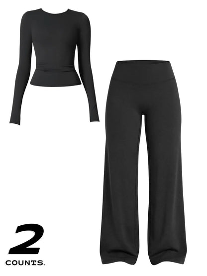 Women'S Two-Piece Set Long Sleeve Top + High Waist Wide Leg Pants, Breathable Sports, Yoga Gym Running, Spring Summer Fitness Wear