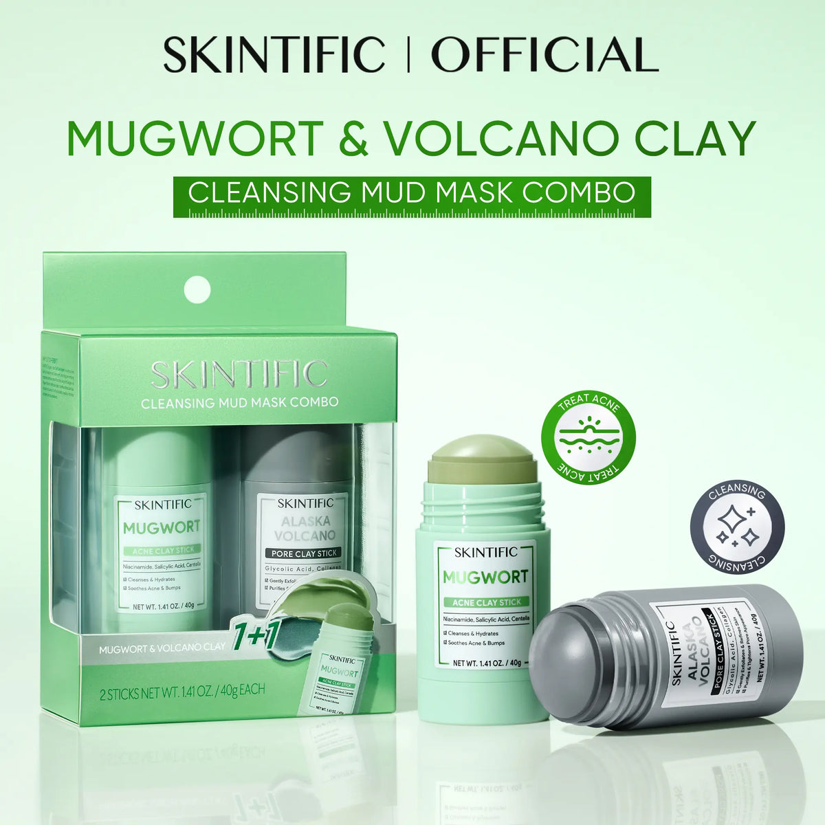 SKINTIFIC Mugwort & Volcano Clay Stick Twin Combo - Glycolic Acid & Salicylic Acid Exfoliating Duo - Gentle Non-Drying Clay Mask Sticks