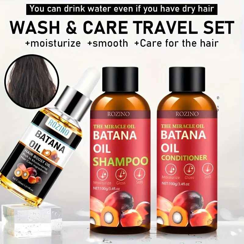 ROZINO Batana Hair Care Trio with Wild Honduran Batana Oil for Dry Damaged Hair Shampoo Conditioner & Hair Boost Oil 100G/3.4Fl.Oz