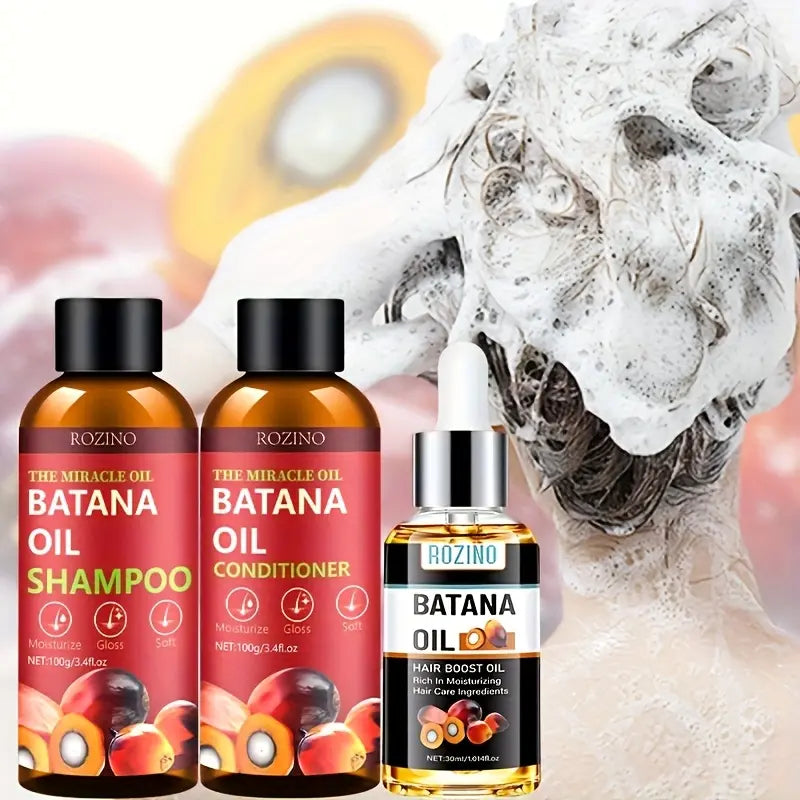 ROZINO Batana Hair Care Trio with Wild Honduran Batana Oil for Dry Damaged Hair Shampoo Conditioner & Hair Boost Oil 100G/3.4Fl.Oz
